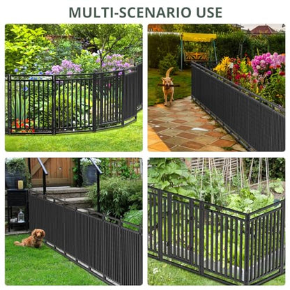 Decorative Garden Fence Metal Dog Fence Outdoor for Yard, 18ft (L) × 40in (H), 7 Panels + 1 Gate, Heavy Duty Animal Barrier Fencing for Patio & Flower Bed, No Dig, Black-Silver - size: 40in(H)x18ft(L)