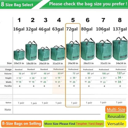 Professional 3-Pack 72 Gallon Lawn Garden Bags Big (D26,H30 in) Reusable Yard Waste Bags with Gardening Gloves for Leaf Bag,Lawn Clippings,Hedge Pruning,Tree Trimmings,Yard Debris,Weeds Bag 4 Handles