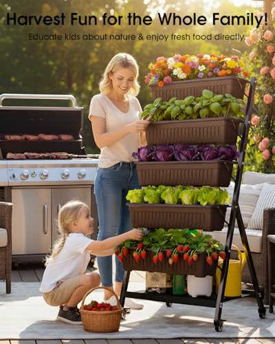 5-Tier Vertical Garden Bed Planter Boxes with Wheels, Drainage System & Storage Space, Mobile Vertical Garden Planter with 5 S-Hooks for Plants Vegetables Flowers Herbs in Garden Patio Yard - style: with wheels