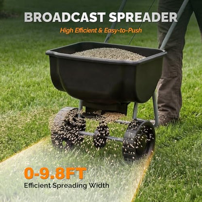 VINGLI Fertilizer Spreader 70lbs with 15 Adjustable Drop Rates, Pre-Assembled Walk-Behind Seed Spreader, with 9" Tire for Multi-Terrain, Broadcast Spreader for Lawn Care & Seed Spreading (Black)