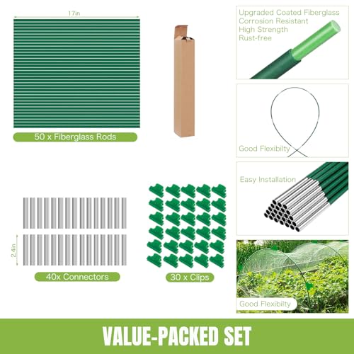 50 Pack Garden Hoops for Raised Beds, 10 Sets Fiberglass with PVC - color: Green-50P