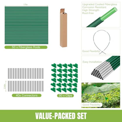 50 Pack Garden Hoops for Raised Beds, 10 Sets Fiberglass with PVC - color: Green-50P