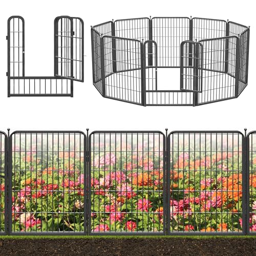 Decorative Black Metal Fencing Garden Fence with Gate, 23ft(L) 32in(H) 10 Fence Panels No Dig Fence Rustproof Animal Barrier Fence Temporary Dog Panels Fencing Outdoor - size: 23ft-32"H(9 Panels+1 Gate)