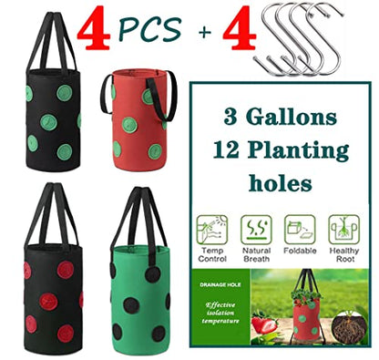 4 Pcs Hanging Strawberry Planter Bags 3 Gallon Upside Down Strawberry Planter and 4 Hooks, Sturdy Hanging Handle Thickened Breathable Felt Cloth for Herb Tomato Hot Peppers Vegetables (4Pcs 3Gal)