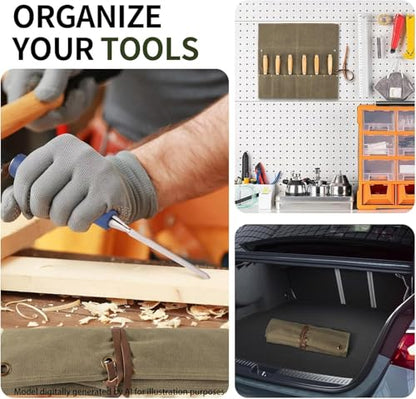 Chisel Roll, 6 Pockets Roll Up Tool Pouch, Waxed Canvas Small Tool Roll - color: Coffee