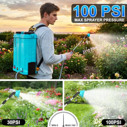 Backpack Sprayer Battery Powered 5 Gallon, 100 PSI Electric Garden Sprayer with Wash Bottle & Mixing System & 6 Nozzles for Lawn, Garden, Yard, 4.0Ah Battery & Charger Included
