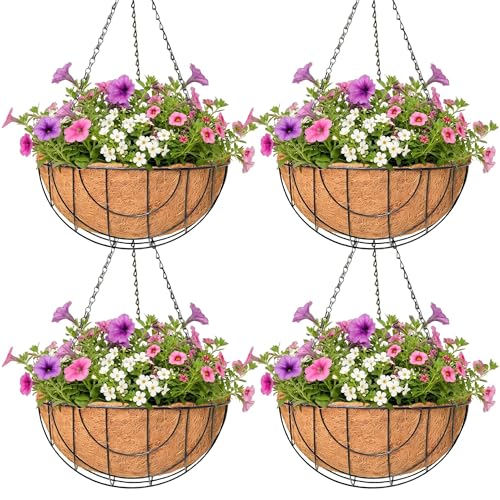 4 Pack Hanging Planter for Outdoor Plants 12 inch Metal Hanging Flower Basket with Coco Coir Liner Round Wire Plant Holder Chain Flower Pots Outdoor Garden Decoration Watering Hanging Baskets（DQ） - size: 12" x 4 Pack, style: Earth