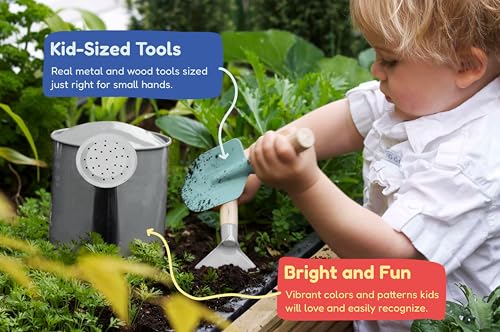 Gardening Set, Tool Kit, for Kids, STEM, Includes Tote Bag, Spade, Watering Can, Rake, Fork, Trowel and Gloves (Camo Quest) - color: Camo Quest