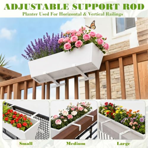 36 Inch Railing Planter Boxes, Heavy Duty Metal Hanging Planters with Adjustable Brackets, Outdoor Balcony Flower Box for Deck, Fence, Porch Railings (White) - color: White, size: 1PC