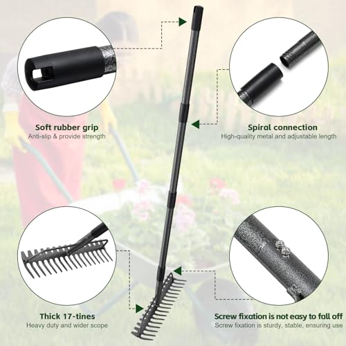 77'' Bow Rake ，17 Tines Metal Head Rakes with Stainless Steel Handle，Heavy Duty Garden Rake for Loosening Soil Gathering Leaf Leveling Lawn Farming Land Management Yarn Thatch Rake - style: 77inch