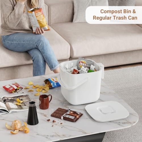 5.4L Kitchen Food Waste Bin with Lid & Handles, Indoor Compost Bucket Includes Inner Bucket Liner, White - color: White