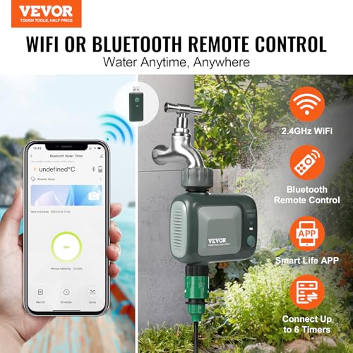 VEVOR WiFi Sprinkler Timer, Single Outlet, Smart Hose Faucet Water Timer with Brass Inlet, APP Control via 2.4Ghz WiFi or Bluetooth, Voice Control with Alexa Google Assistant, IPX6 for Yard Watering - style: 1 Outlet with WiFi/Bluetooth
