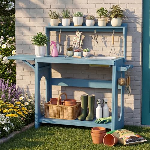 Outdoor Potting Bench Table with Removable Sink for Outside, Blue - color: Blue