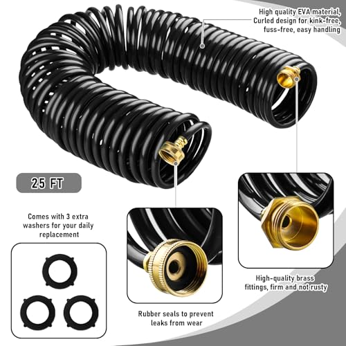 Pangda Expandable Coil Garden Hose 25 ft with Spray Nozzle, Black - color: Black, size: 25 Ft