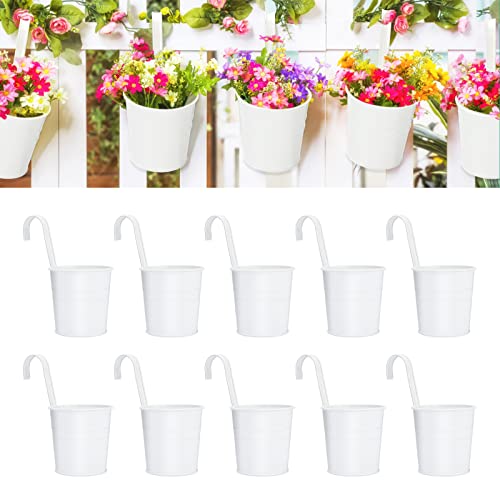 KINGLAKE Flower Pots,10 Pcs Metal Iron Hanging Flower Plant Pot Balcony Garden Plant Planter Baskets Fence Bucket Pots 6.3'' Flower Holders with Detachable Hook White - color: White, size: 6.3 Inch