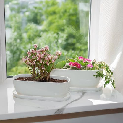 E-liu 11 Inch Oval Ceramic Planter Pot with Drainage Hole Saucers - color: White, size: 11 inch Single