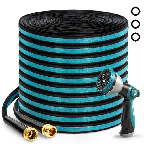 75FT Garden Hose, Kink-Free Non-Expandable Flexible Water Hose with 10-Pattern Spray Nozzle, Lightweight Leakproof Flat Hose with 3/4” Solid Brass Connector for Yard, Lawn & Outdoor Use - size: 75FT