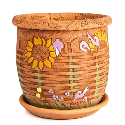 STP GOODS Ceramic Pot with Drainage Hole and Saucer, Plant Pots, Modern Decorative Planters for House Plants Indoor Flowers Plants, Cute Flower Pot - Gifts (Wicker (1.6 L)) - color: Wicker (1.6 L)