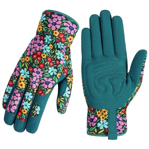 Gardening Gloves for Women, Breathable Leather Garden Gloves,Gardening Gift - color: Green - Purple Flower
