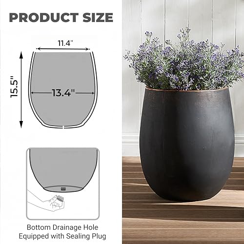 15.5"Hx13.3"Dia" Weathered Round Concrete Planter with Drainage Hole - color: Black 1pack, size: 1 Pack