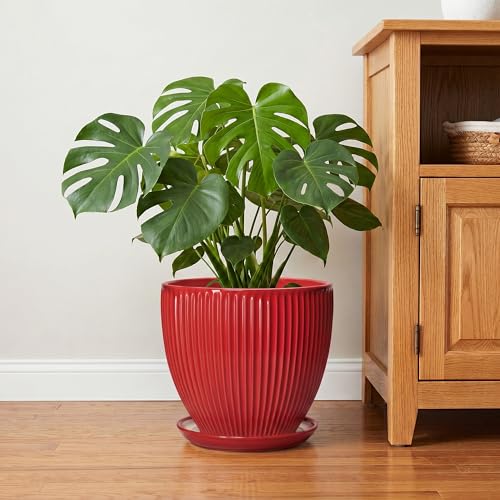 10 Inch Plant Pot, Ceramic Planters with Saucer, Red - color: Red, size: 10 Inch