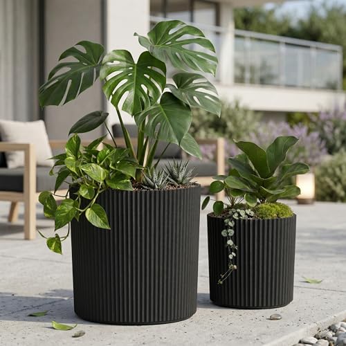 Mayne Haven 10in & 14in Round Fluted Modern Planter Set, Black, 2-Pack - color: Black, size: 10in and 14in