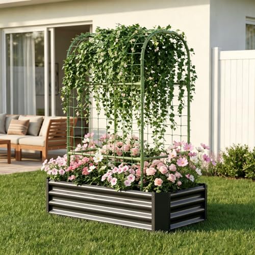 Raised Garden Bed with 59in Arched Trellis,Metal Planter Box,Black - color: Black