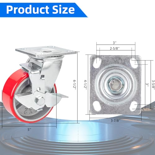 Nefish 5 Inch Industrial Casters Set of 4, Heavy Duty Casters with Brake 4000 Lbs, No Noise Polyurethane Wheel on Steel Hub, Swivel Plate Caster Wheels for Toolbox Workbench (4 Swivel & Brakes) - size: 5 IN （Brake）
