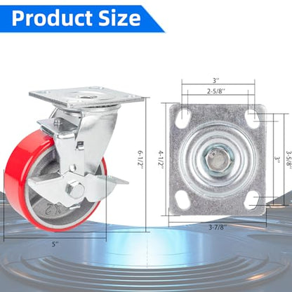 Nefish 5 Inch Industrial Casters Set of 4, Heavy Duty Casters with Brake 4000 Lbs, No Noise Polyurethane Wheel on Steel Hub, Swivel Plate Caster Wheels for Toolbox Workbench (4 Swivel & Brakes) - size: 5 IN （Brake）