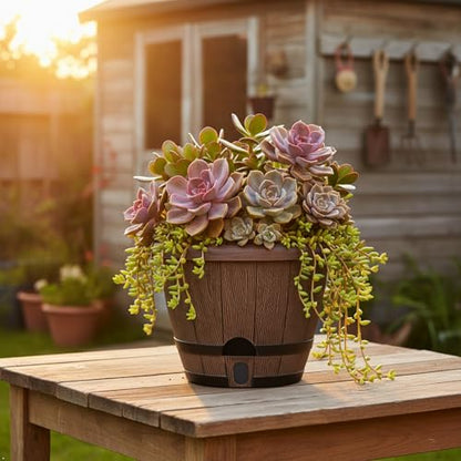 Sun-E Self Watering Whiskey Barrel Planters for Indoor Outdoor 10" X 3 Pack - color: Mix Colour Set