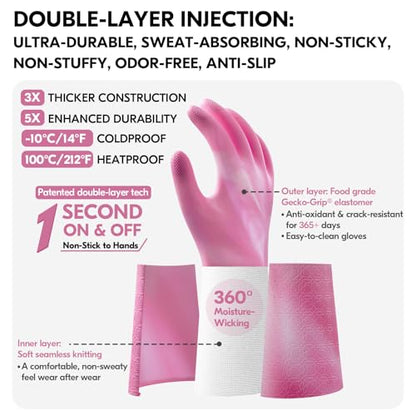 Vgo... Household Cleaning Gloves,Double-layer,Lined Dishwashing Gloves,Long Sleeves for Kitchen,Bathroom Cleaning(TP1117) - color: Pink+white, size: Medium(Pack of 1)