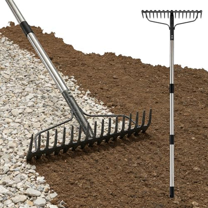 4FT Bow Rake,Heavy Duty Metal Garden Rake for Moving Gravel Loosening Soil Leveling Ground Gathering Leaf Debris Spreading Mulch, 17 Tines,Adjustable Handle, for Lawn Garden Farm Landscape Work - style: 49"