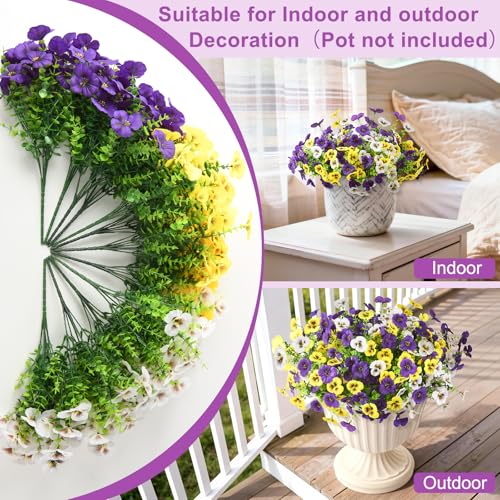 INQCMY Fake Artificial Pansy Flowers Plants for Outdoors UV Resistant - color: Deep Purple, Yellow, White