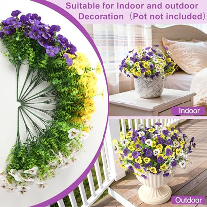 INQCMY Fake Artificial Pansy Flowers Plants for Outdoors UV Resistant - color: Deep Purple, Yellow, White