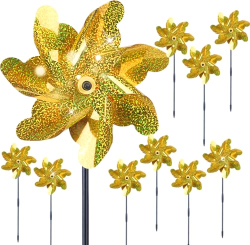 BATTIFE Preassembled Reflective Pinwheels for Yard & Garden, Gold, 10 Pack - color: Yellow, size: 10 Pack