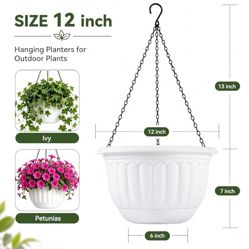 YIKUSH 12 Inch Hanging Planters for Outdoor Plants, 2 Pack Plastic Hanging Flower Pots with Drainage Hole & Tray, Hanging Basket Style Pots for Porch Patio Balcony Decor (White) - color: White