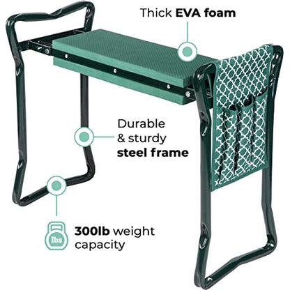 Garden Kneeler And Seat - Protects Your Knees, Clothes From Dirt & Grass Stains - Foldable Stool For Ease Of Storage - EVA Foam Pad - Sturdy and Lightweight - Bench Comes With A Free Tool Pouch!
