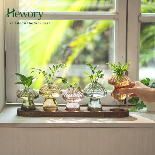 Hewory Plant Propagation Stations: 5PCS Amber Mushroom Vase with Wood Tray - color: Amber, size: 5