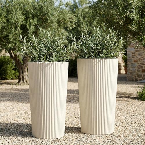 24" Tall Round Planters for Outdoor Plants Fluted Finishes - Beige - color: Beige