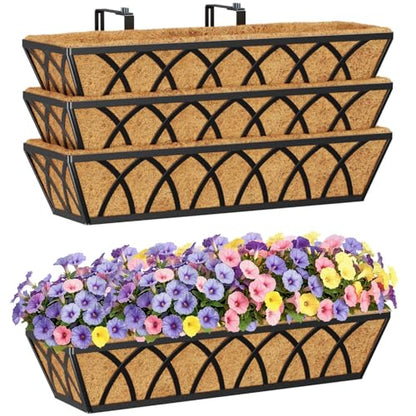 HFHOME 24 inch Railing Planter Box - 4 Pack Metal Window Trough with Coconut Coir Liners, Flower Basket for Deck Railings Balcony or Porch to Display Plants and Flowers - size: 24 Inch 4-Pack X-Pattern