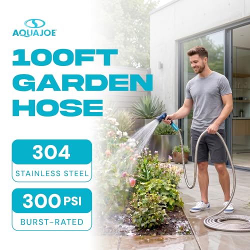 Aqua Joe AJSGH100 1/2-Inch Heavy-Duty, Puncture Proof Kink-Free, Spiral Constructed 304-Stainless Steel Metal, Garden Hose, 100-Foot - style: Aluminum Fitting