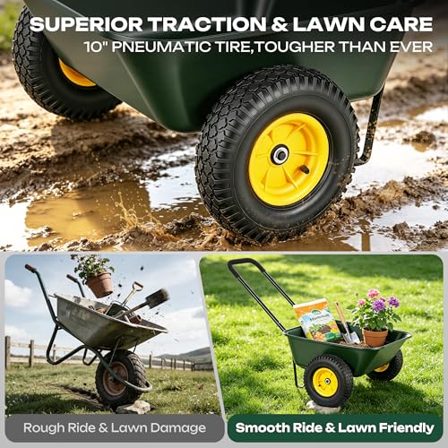 Autodaya Dual-Wheel Wheelbarrow, Home Utility Garden Dump Cart with 10" Non-Slip Pneumatic Tires & Ergonomic Padded Handle, Heavy-Duty Yard Wagon for Lawn, Farm, Porch, Gardening, G - color: 300lb|green-3 Cu Ft