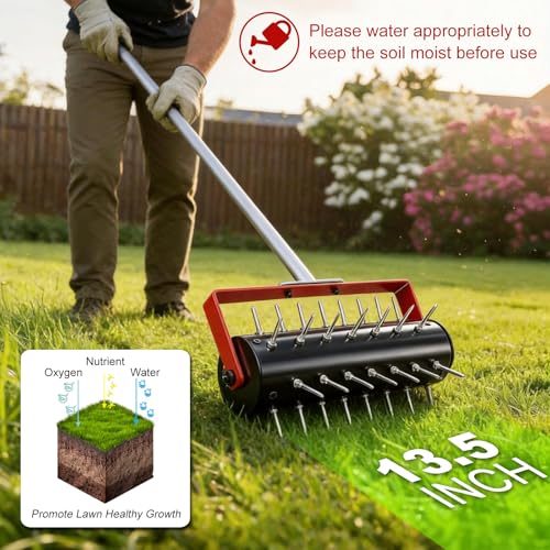 Rolling Lawn Aerator Tool Heavy Duty Manual Push Aerator Lawn Tool with 42 Spikes Lawn Aerator Spike Tool Soil Penetrator Push Lawn Aeration for Garden Yard Patio (Red)