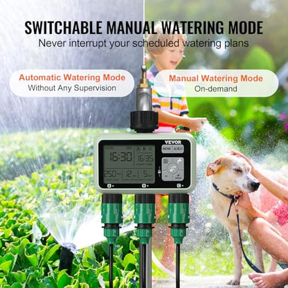 VEVOR Water Timer, 3 Outlets, Hose Watering Sprinkler Timer, with 3 Independent Watering Zone LCD Display Rain Delay Mode Manual Mode 360° Brass Inlet Metal Filter, IPX6 Waterproof for Yard Watering - style: 3 Outlet with LCD Display