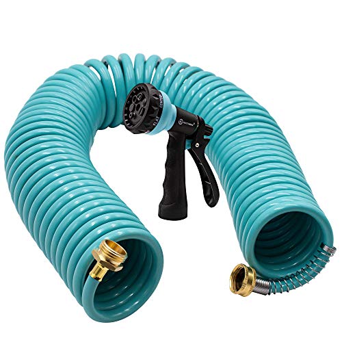 AUTOMAN Recoil Garden Water Hose 50 ft, EVA Curly Water Hose with Brass Connectors,Garden Hose Coil,Includes 7-Pattern Function Sprayer,Retractable,Corrosion Resistant Garden Coil Hose. - color: Turquoise, size: 50 ft