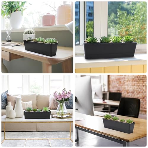 GREANER 12x3.8 Inch Herb Planters, 1 Pack Rectangle Window Boxes with Tray, Indoor Succulent Cactus Mint Plastic Pot for Windowsill, Balcony, Office, Outdoor Garden - Black - size: 1Pack/12x3.8in-black