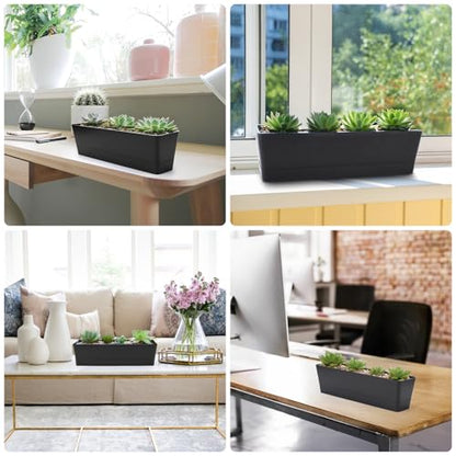 GREANER 3PCS 16x3.8 Inch Window Boxes Planters, Black Rectangle Planters Box with Drainage Holes and Trays, Herb Succulents Flowers Plastic Pot for Windowsill, Garden, Balcony, Indoor, Outdoor Decor - size: 3Packs/16x3.8in-black