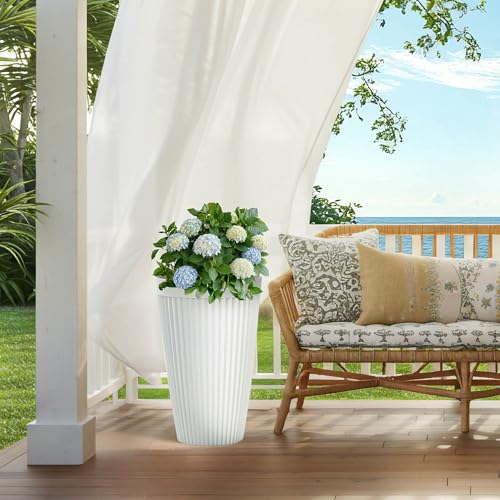 Autodaya 20" Tall Fluted Resin Planters Set of 2 with Drainage Holes - color: White Fluted-20"h