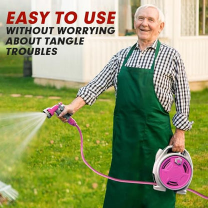 50FT Retractable Garden Hose Reel, Lightweight & Portable Hose Reel with 6 Patterns Spray Nozzle, Suitable for US Standard Hose Connection - color: Light Pink