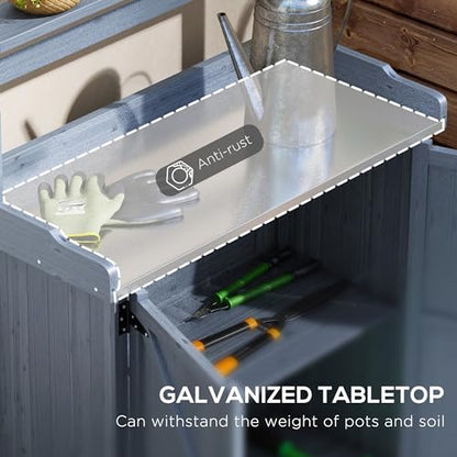 Potting Bench, Outdoor Wooden Potting Table with Storage Cabinet with 2 Shelves, Garden Work Bench with Galvanized Plated Tabletop for Backyard, Balcony, Gray